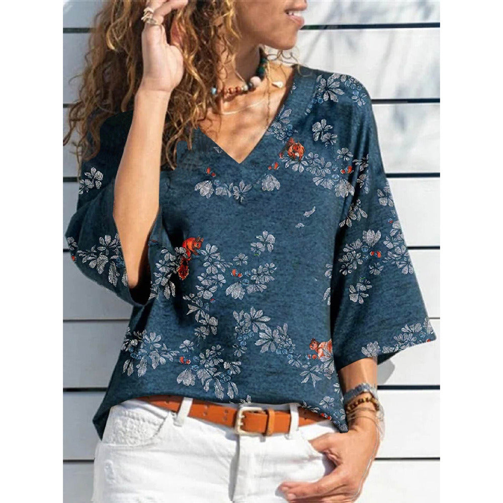 Fall Women's Seven-point Sleeve V-neck Printed Casual Loose T-shirt