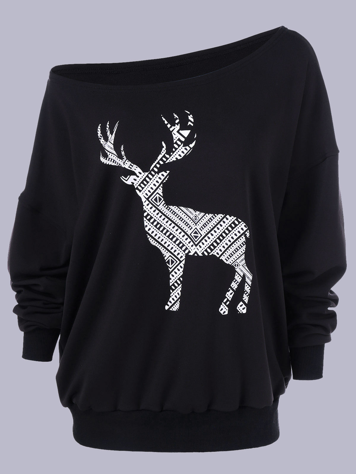 Autumn and Winter New Christmas Theme Elk Print Long-sleeved Sweater Sexy Oblique Collar Shirt Pullover Women's Clothing