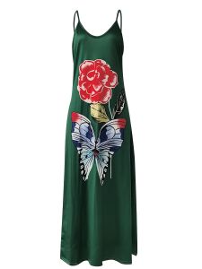 Plus Size Casual Maxi Dress; Women's Plus Rose & Butterfly Print Medium Stretch Tank Dress