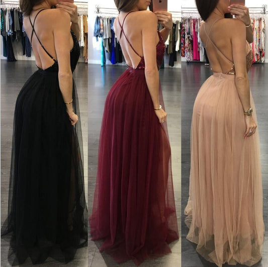 Spring and Summer Sexy V-neck Halter Strap Mesh Stitching Sequins Chiffon Dress Long Skirt Evening Dress