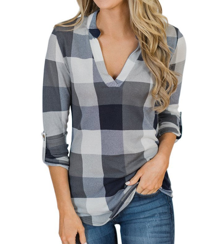 Womens Fashion V-Neck Blouses Long Sleeve Striped Plaid Print Casual Loose T-shirt Tops