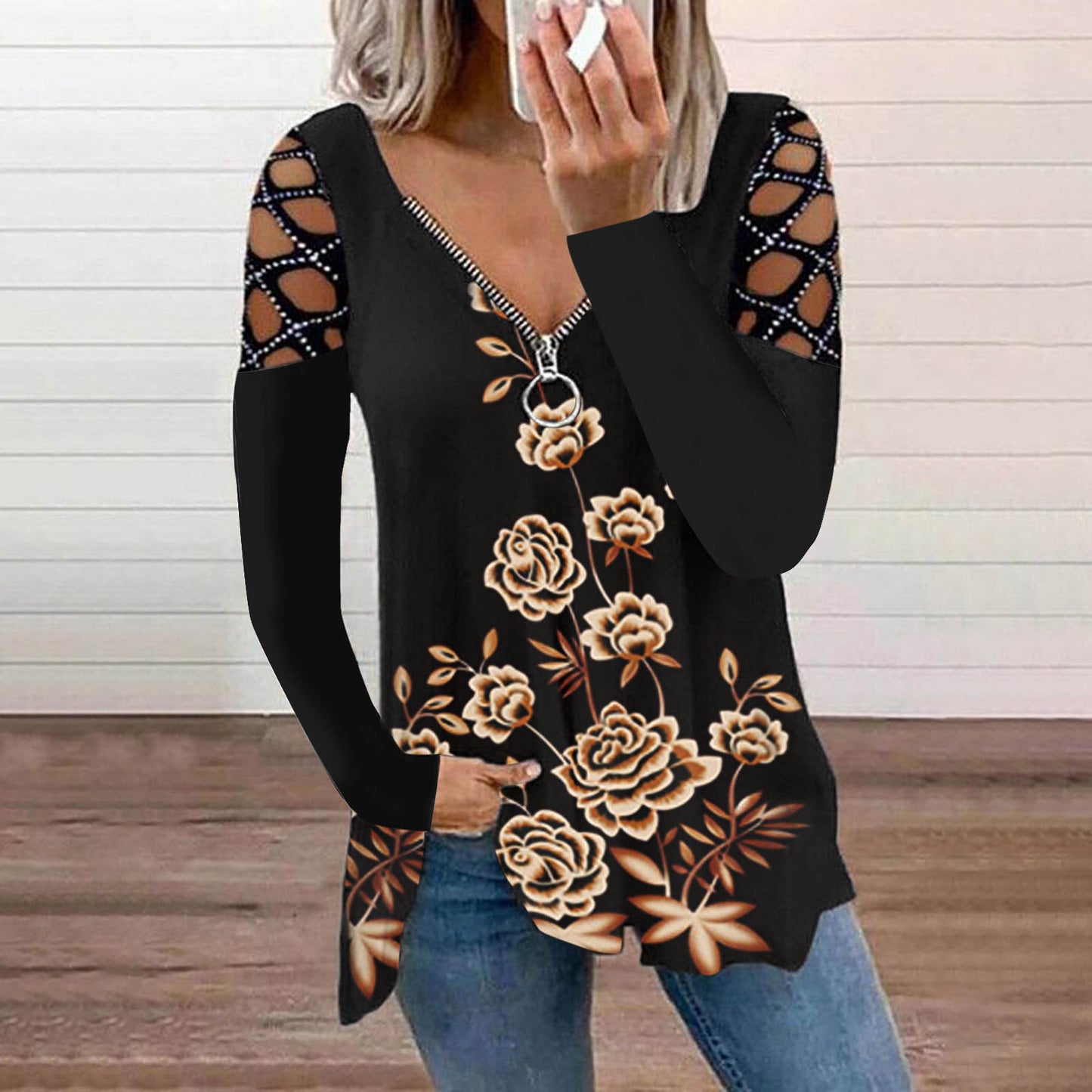 Fall/winter New Style V-neck Hot Drilling Long-sleeved Loose T-shirt Top Halloween