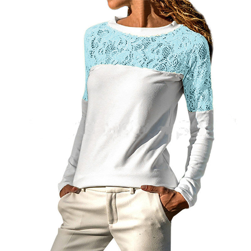 Spring and Summer New Long-sleeved Sweet Casual V-neck Openwork Lace Stitching Long-sleeved Loose Chiffon Shirt Top