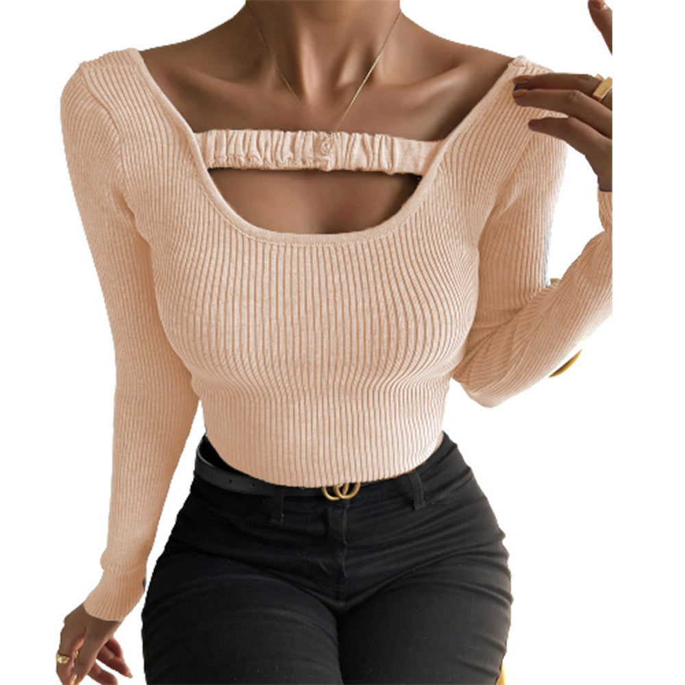 new autumn and winter women's tops solid color sexy round neck slim long-sleeved t-shirt tops