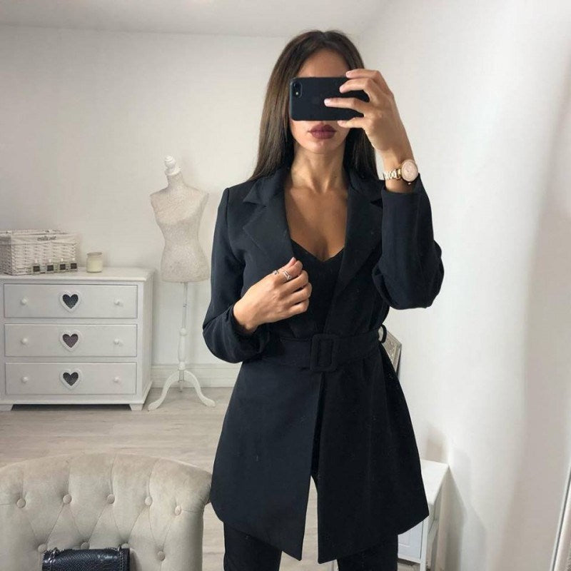 Women Fashion Simple OL Lapel Small Suit Long Sleeved Jacket with Belt