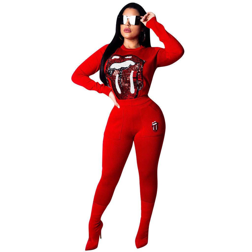 Autumn Winter 2 Piece Outfits For Women Sequins Tongue Long Sleeve Hoodie And Pocket Fitness Pant Streetwear Two Piece Tracksuit