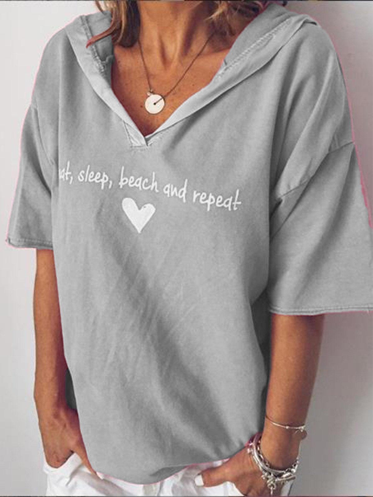 European and American women's new V-neck letter printed loose hooded short-sleeved T-shirt