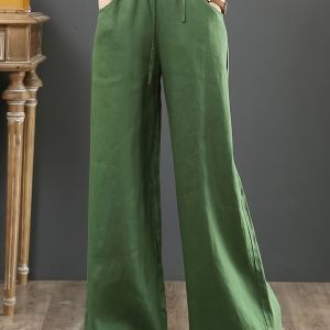 Solid Color Literary Cotton Linen Wide Leg Pants; Women's Trousers