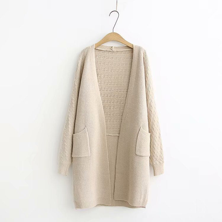 Ulzzang Girl Casual Long Knitted Cardigan Autumn Korean Women Loose Solid Color Pocket Design Sweater Jacket Pink Beige