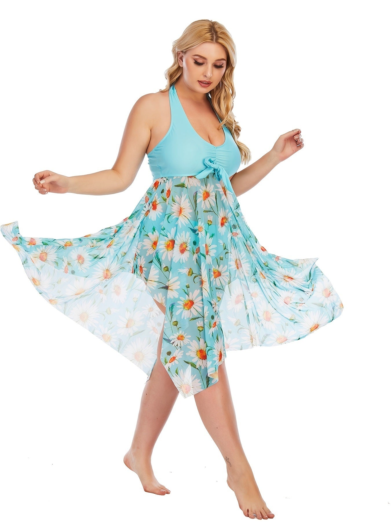 Plus Size Floral Print Irregular Hem Dress & Panty Swimsuit Set; Women's Plus Medium Stretch Elegant Swimsuit 2pcs Set