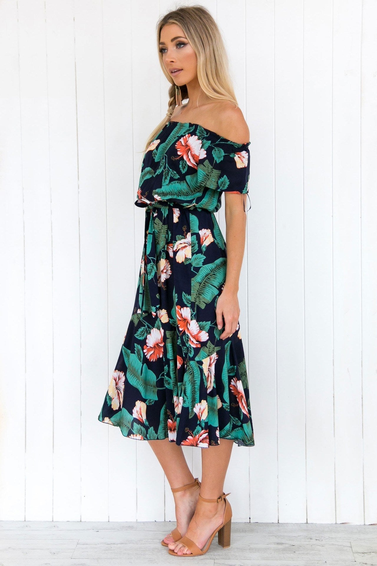 new women's one-shoulder print long beach leaf dress