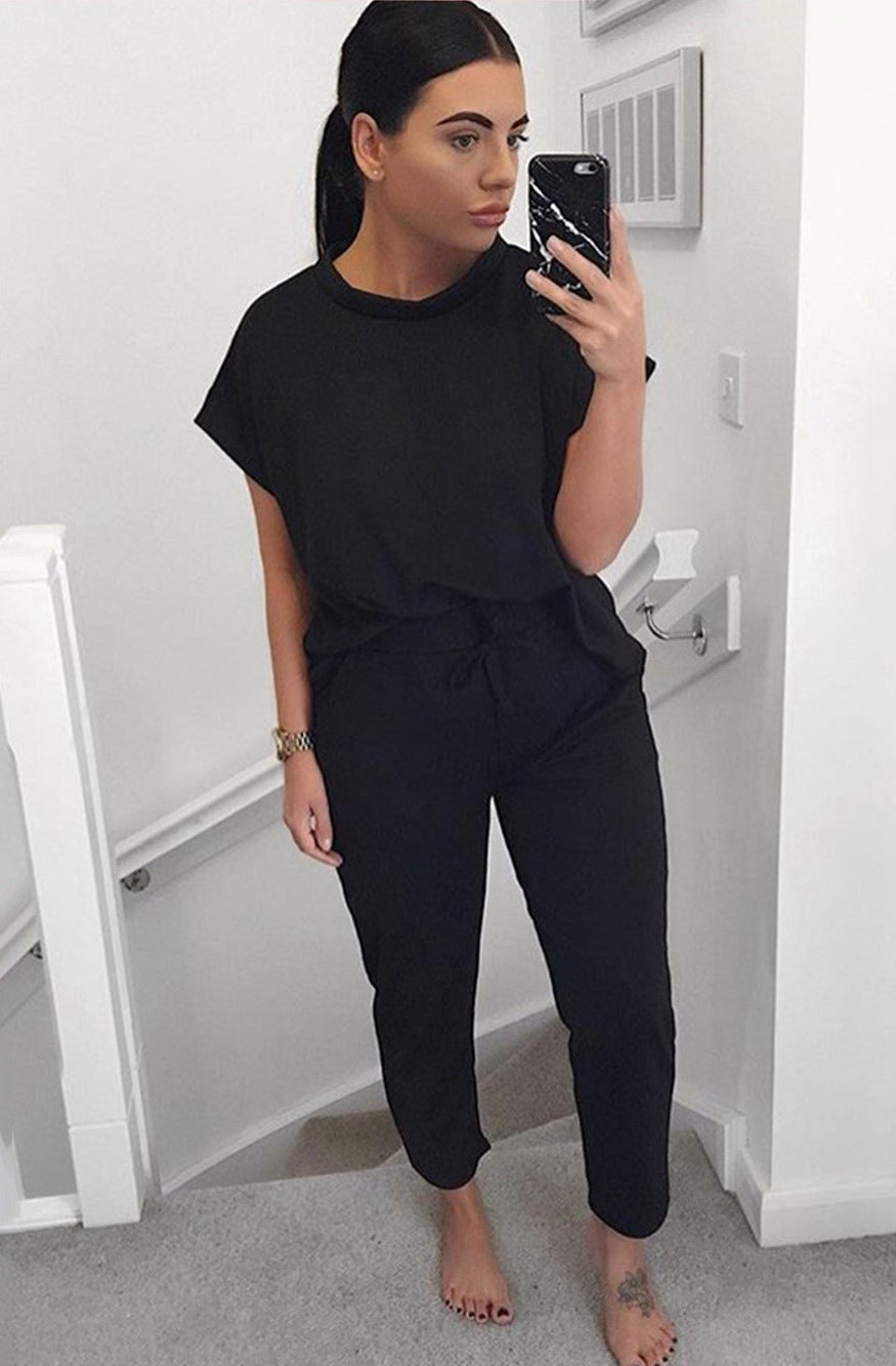 spring and summer new women's short-sleeved round neck cropped trousers 2 sets of casual suit