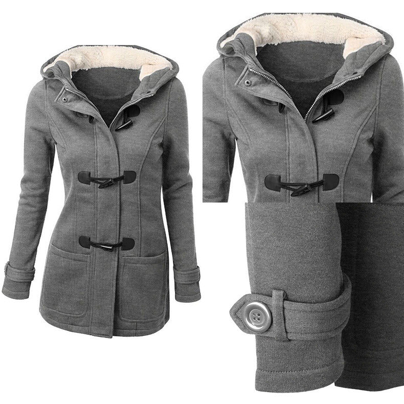 Autumn and Winter New Thicken Large Size Horn Buckle Hooded Woolen Coat Women's Clothing