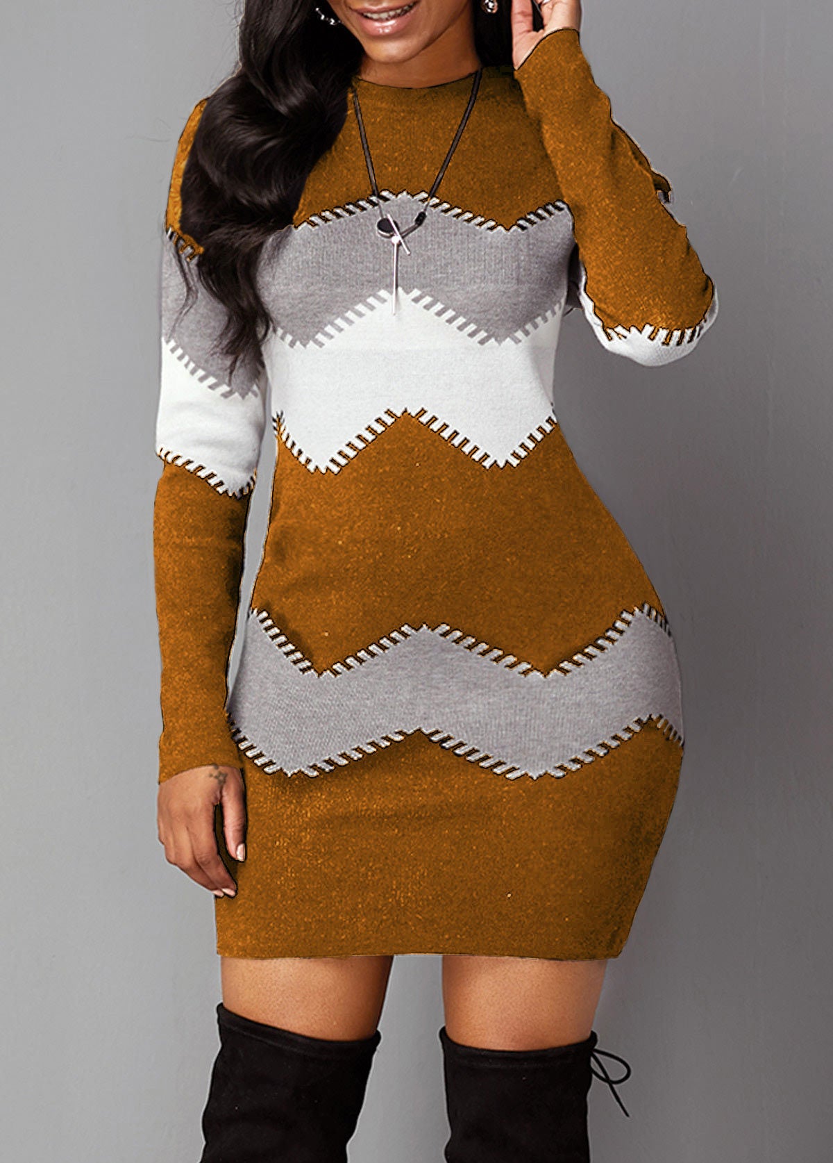 Women's Mid-length Short Skirt Round Neck Long-sleeved Knitted Bag Hip Bottoming Dress