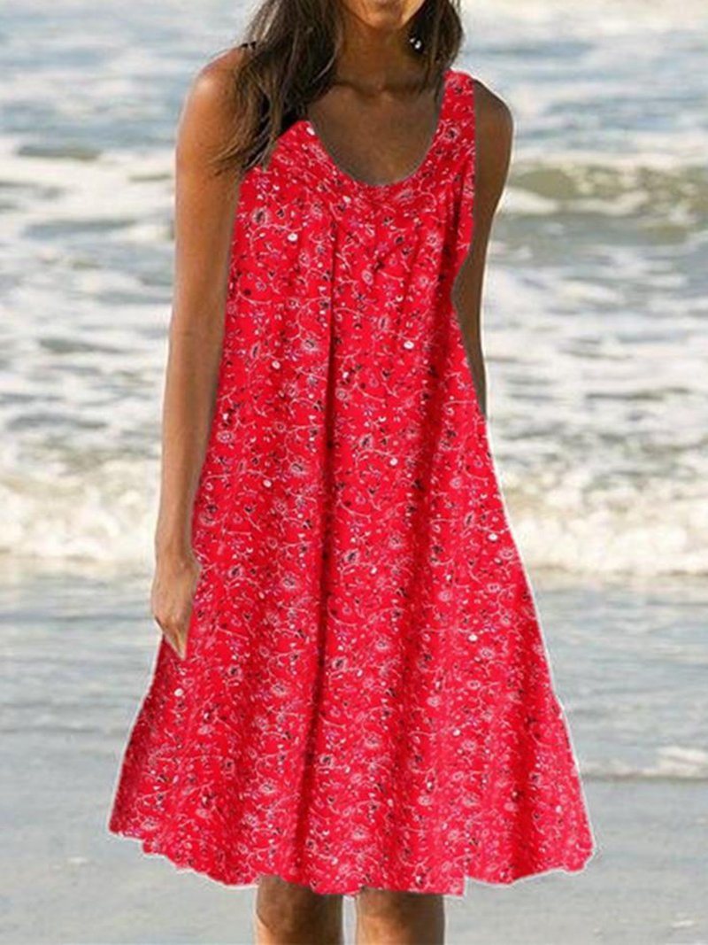 summer new women's round neck sleeveless print vest skirt beach loose dress