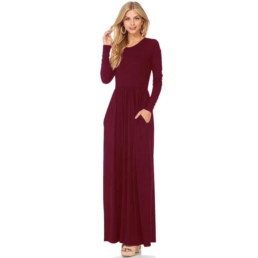 Fashion Women Long Sleeve Solid Color Ruched Dress with Pockets Plus Size Casual Maxi Dress