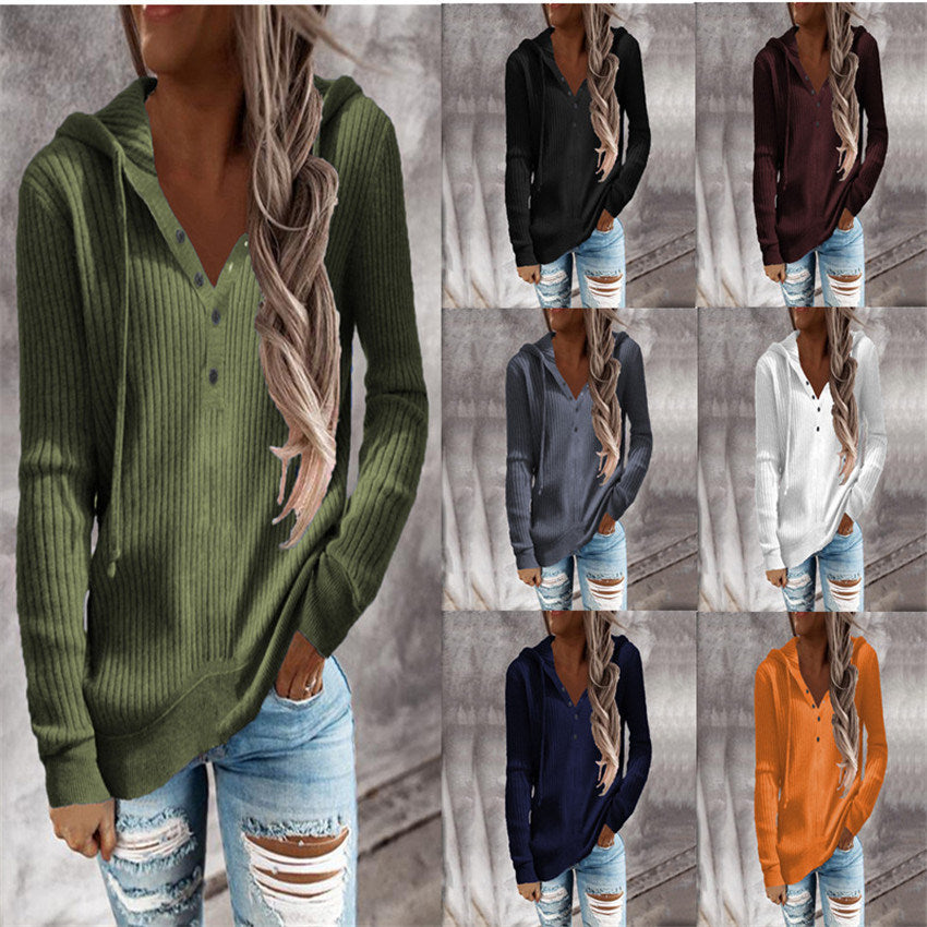 Autumn and Winter New Striped Casual Hooded Sweater Loose Knit Sweater Open Collar Long-sleeved Sweater Women