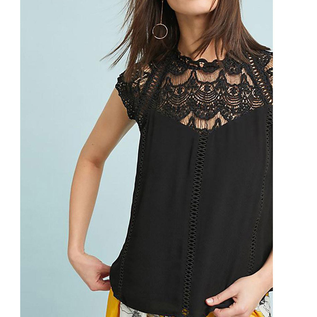 European and American women's new sexy straight lace sleeves hollow collar stitching chiffon shirt