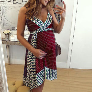 European and American women's new V-neck print stitching strap maternity dress