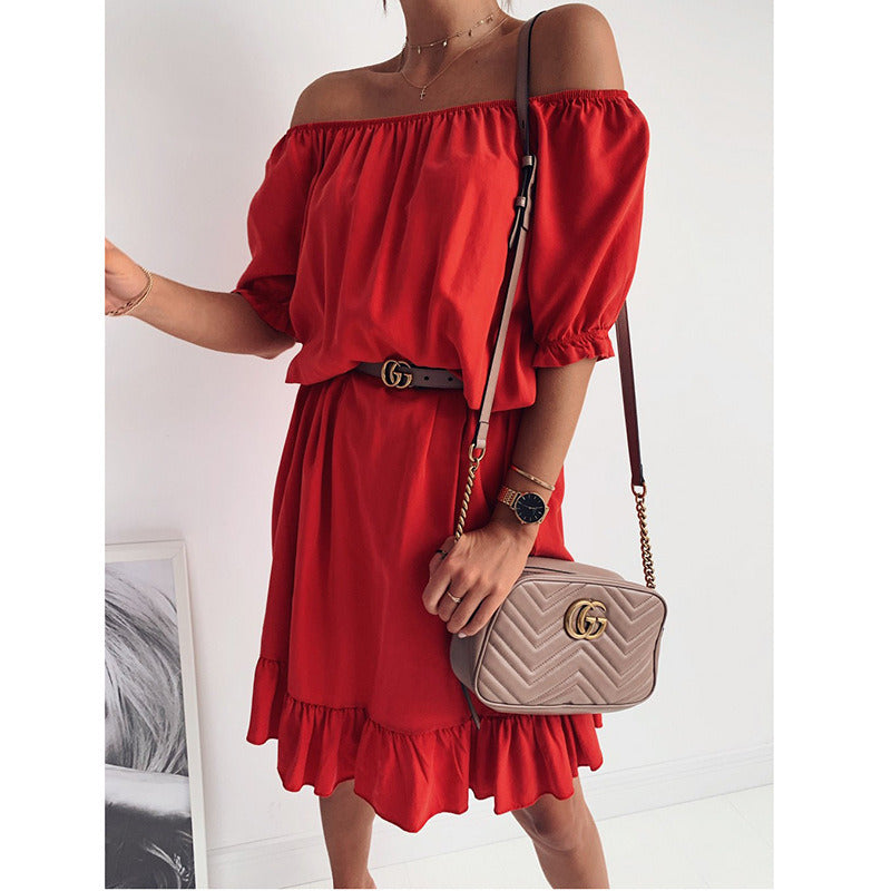 European and American Women's New Word Shoulder Waist Ruffle Dress