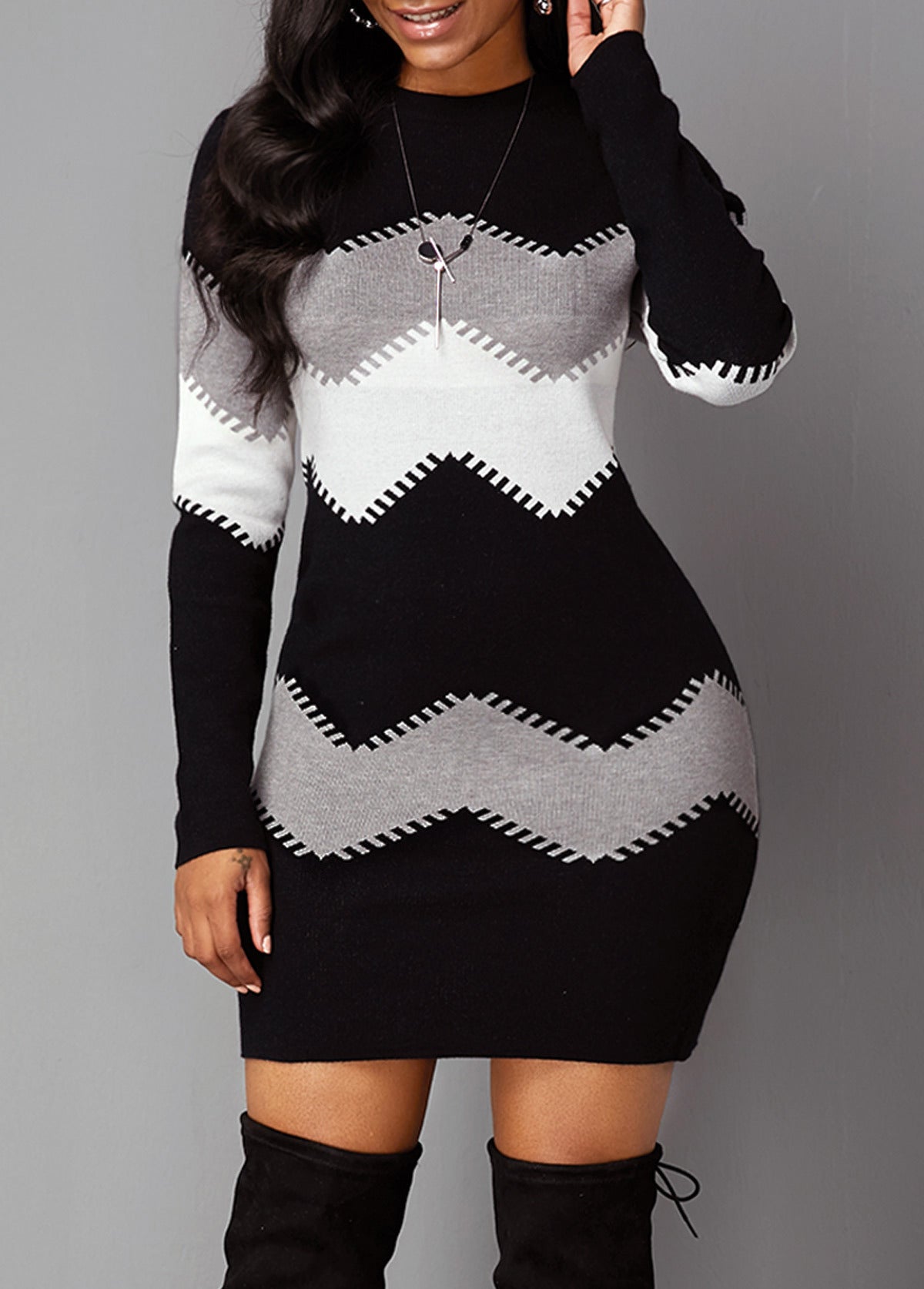 Women's Mid-length Short Skirt Round Neck Long-sleeved Knitted Bag Hip Bottoming Dress