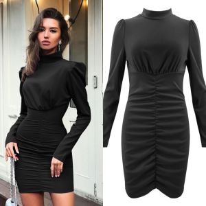 Best Selling Autumn and Winter Women's High Collar Long Sleeve Bag Hip Pleated Dress