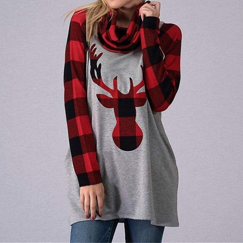 Christmas Ladies Women's Stitching Color Sweater Pullover Elk Print Long Sleeves Christams Clothes Loose Hoodie Sweater