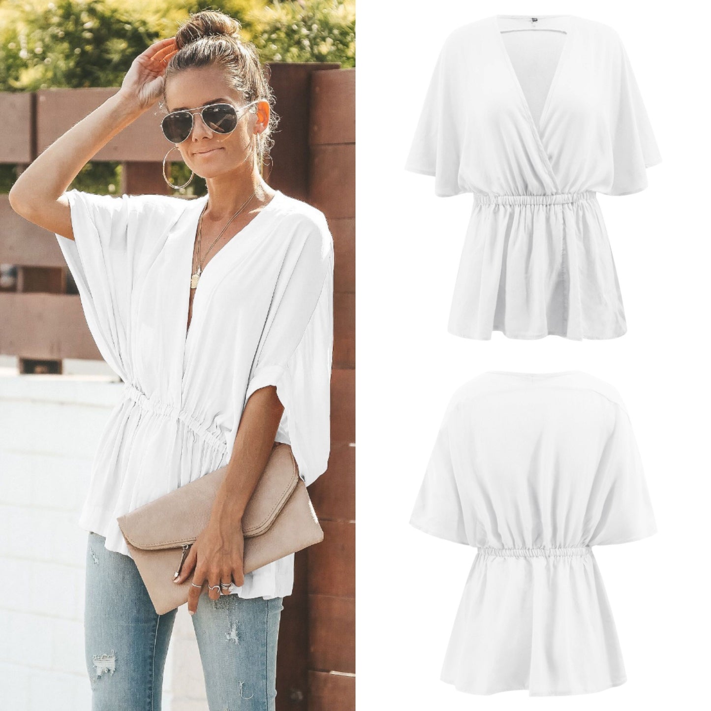 Spring New Loose Bat Sleeve V-neck Shirt Top