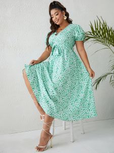 Plus Size Elegant Dress; Women's Plus Floral Print V Neck Belted Short Sleeve Flowy Maxi Dress