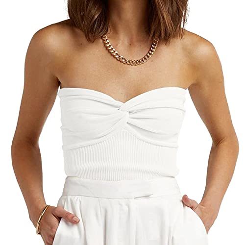 Womens Strapless Crop Top Sexy Sweetheart Neck Ribbed Knit Twisted Knot Front Sleeveless CamisoleTanks Top