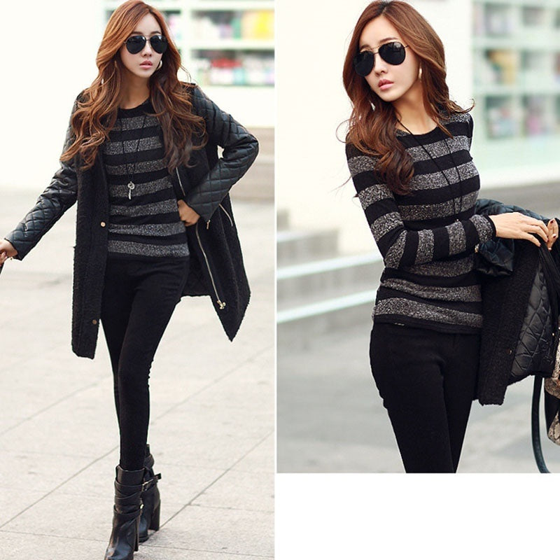 Nice Women Slim Thin Long Sleeve Pullover Striped Bottoming Tops