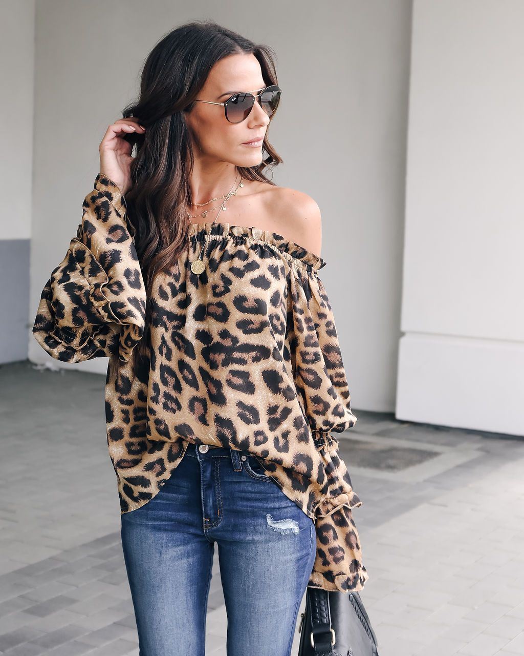 spring new women's trumpet sleeves loose strapless word collar leopard top