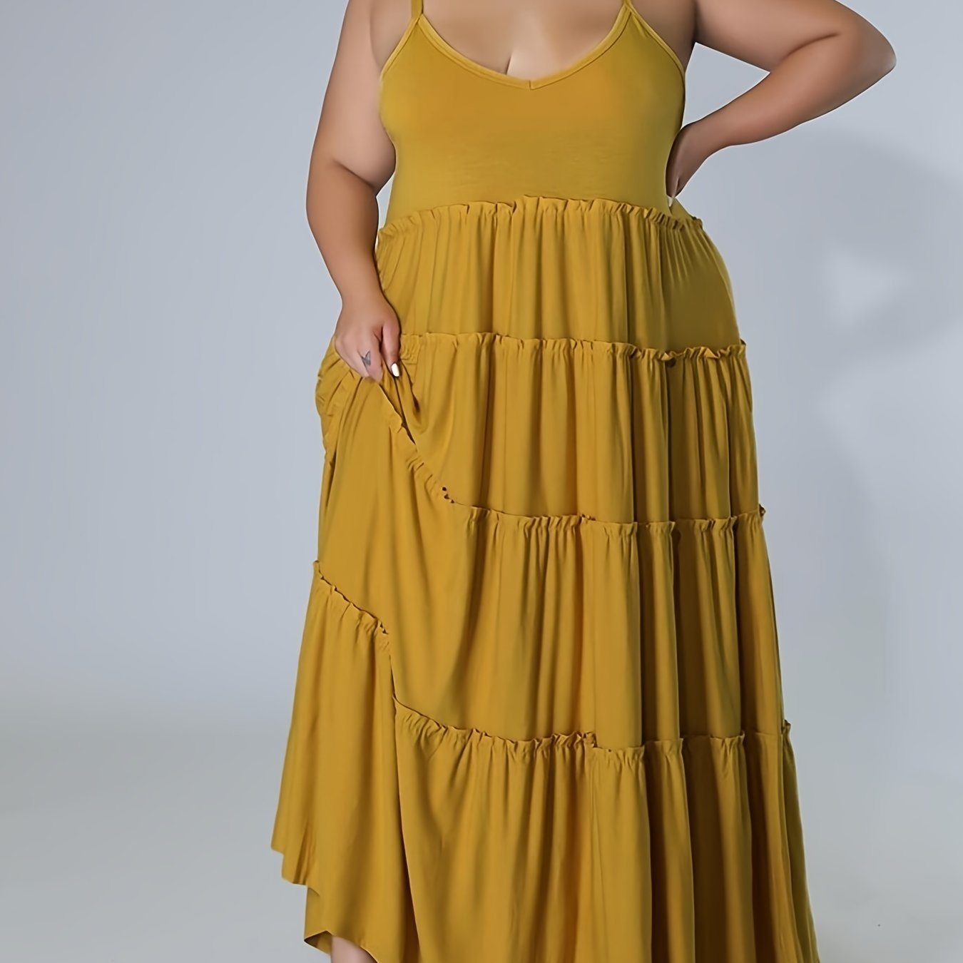 Plus Size Solid Layered Loose Fit Cami Maxi Dress; Women's Plus Sexy High Stretch Long Cami Dress