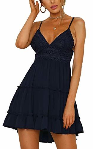 Womens V-Neck Spaghetti Strap Bowknot Backless Sleeveless Lace Mini Swing Skater Dress