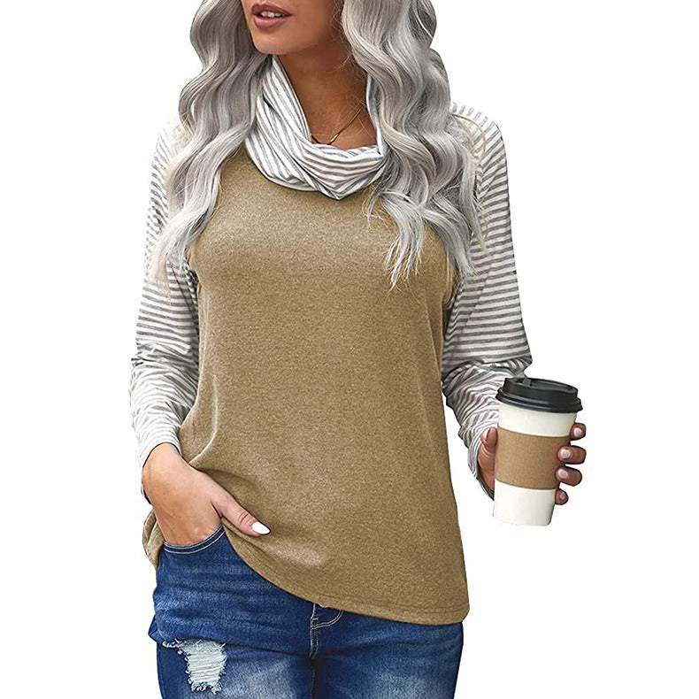 Autumn and winter new women's tops striped high-neck color matching women's long-sleeved T-shirt tops