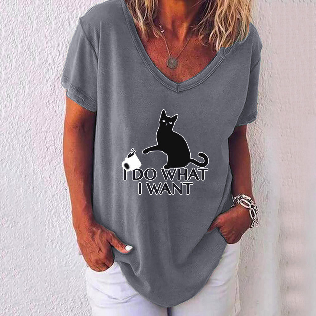 Summer new cat print V-neck short-sleeved women's T-shirt