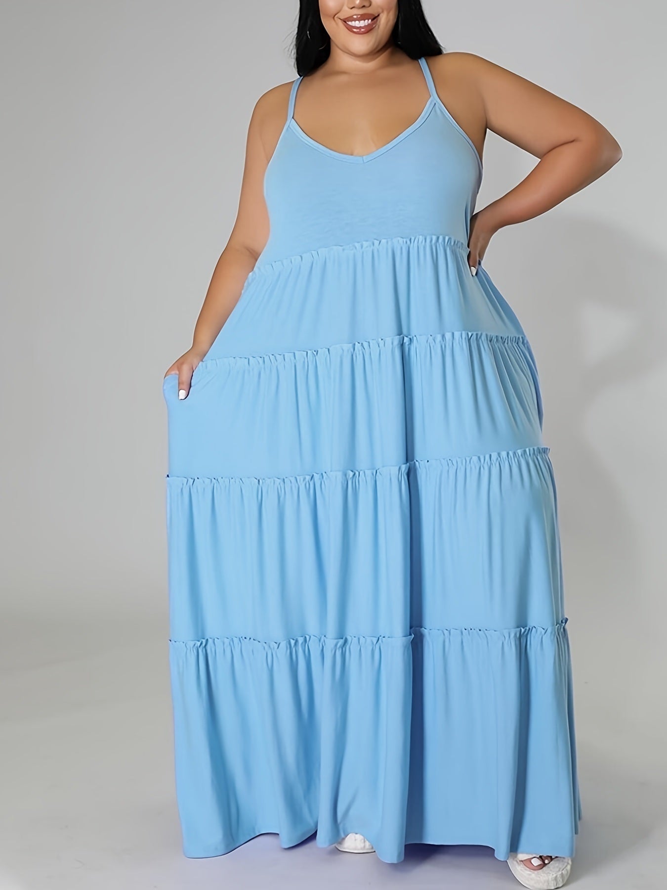 Plus Size Solid Layered Loose Fit Cami Maxi Dress; Women's Plus Sexy High Stretch Long Cami Dress