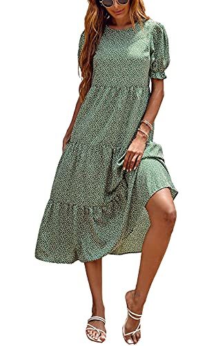 Women's Summer Casual Boho Dress Floral Print Ruffle Puff Sleeve High Waist Midi Beach Dresses