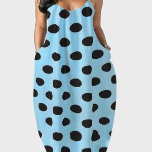 Plus Size Casual Dress; Women's Plus Dot Print V Neck Cami Maxi Dress With Pockets