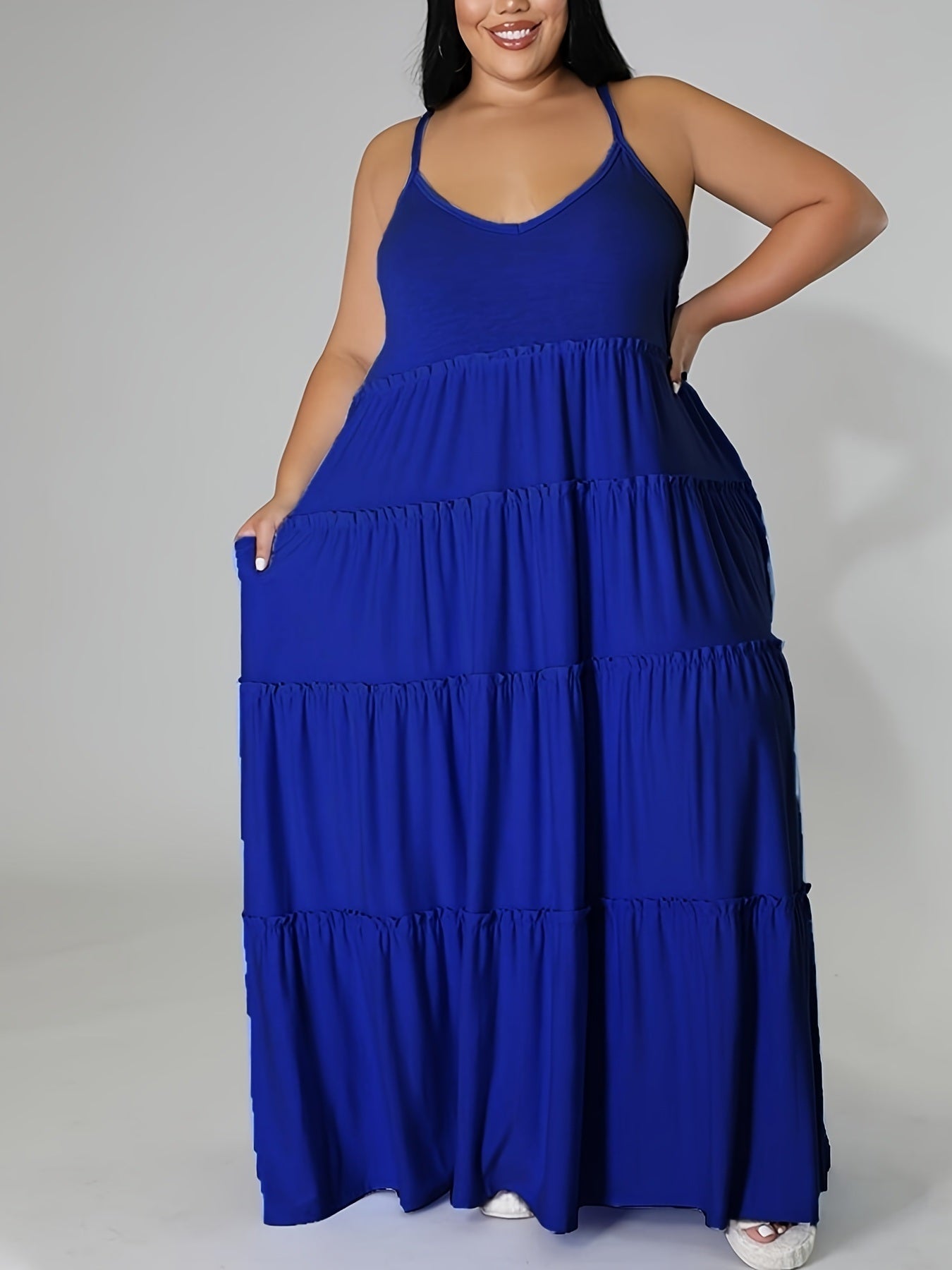 Plus Size Solid Layered Loose Fit Cami Maxi Dress; Women's Plus Sexy High Stretch Long Cami Dress