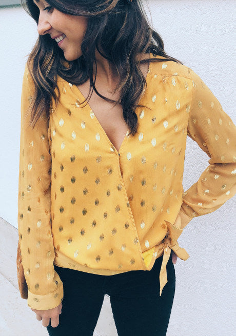 Loose Button Long Sleeve Polka Dot Print V-neck Strap Chiffon Shirt Women