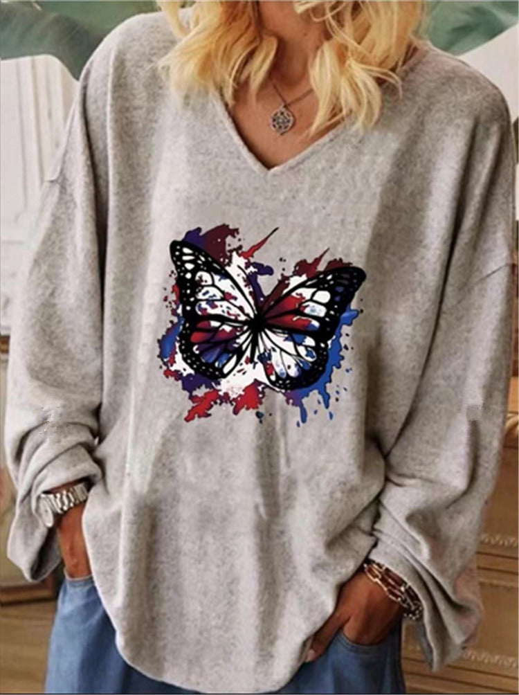 autumn and winter new women's butterfly print V-neck large size long-sleeved top