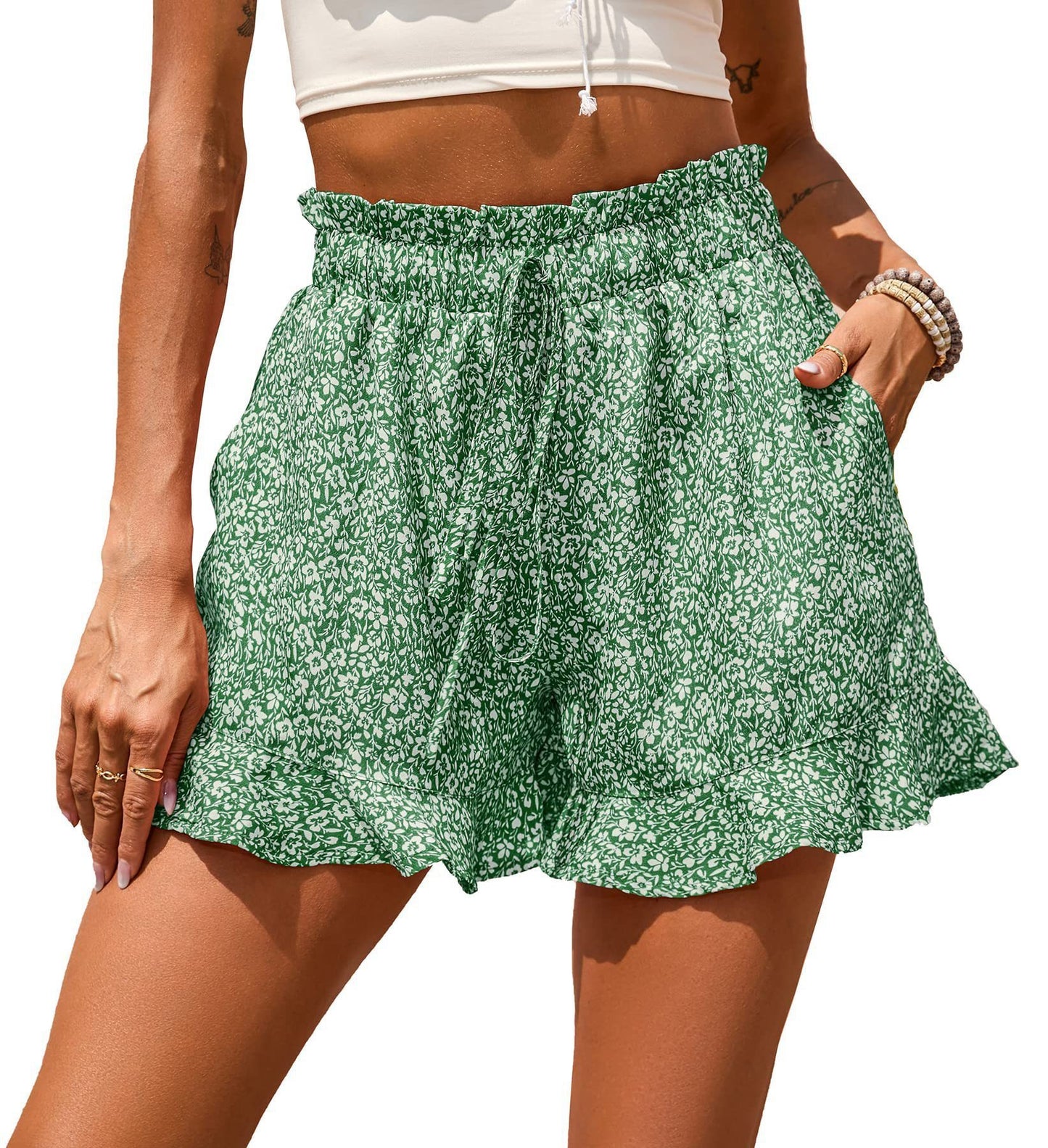 summer new women's Chiffon printed casual pocket waist closing shorts