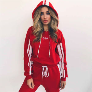 2 Piece Set Women Tracksuit Sportswear Casual White Red Sweat Pants Hooded Cropped Sweatshirt Hoodie