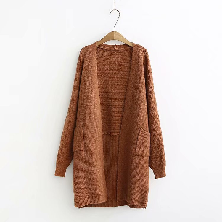 Ulzzang Girl Casual Long Knitted Cardigan Autumn Korean Women Loose Solid Color Pocket Design Sweater Jacket Pink Beige