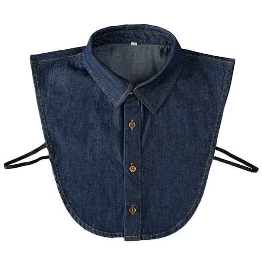 Stylish Unisex Denim Half Shirt Blouse False Collar Solid Color Detachable Deep Blue