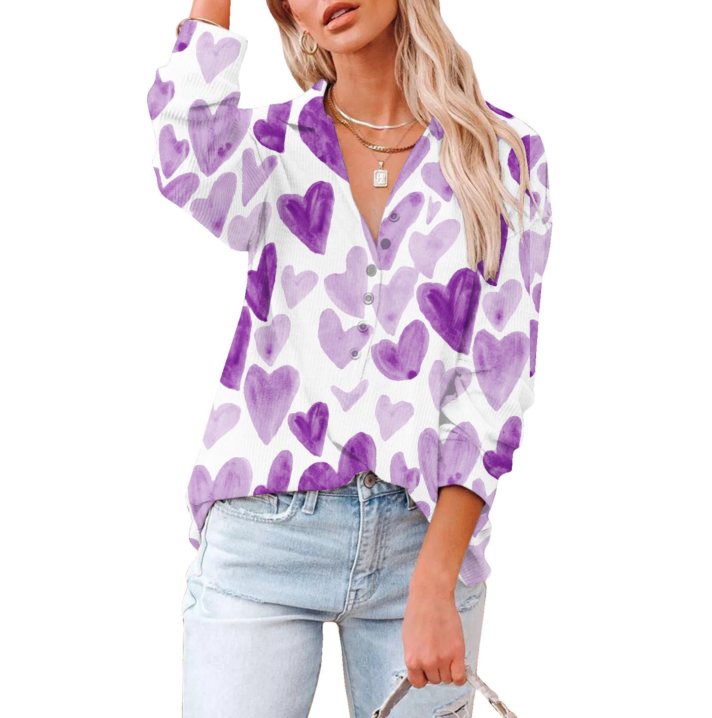 autumn and winter new lapel button love long-sleeved shirt T-shirt women