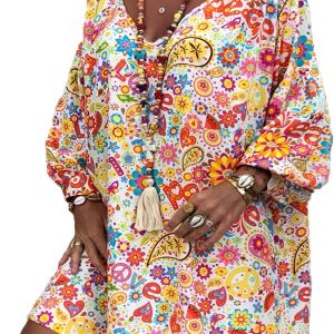 Plus Size Floral Print Long Sleeve V Neck Dress; Plus Size Slight Stretch Dress; Dress Women