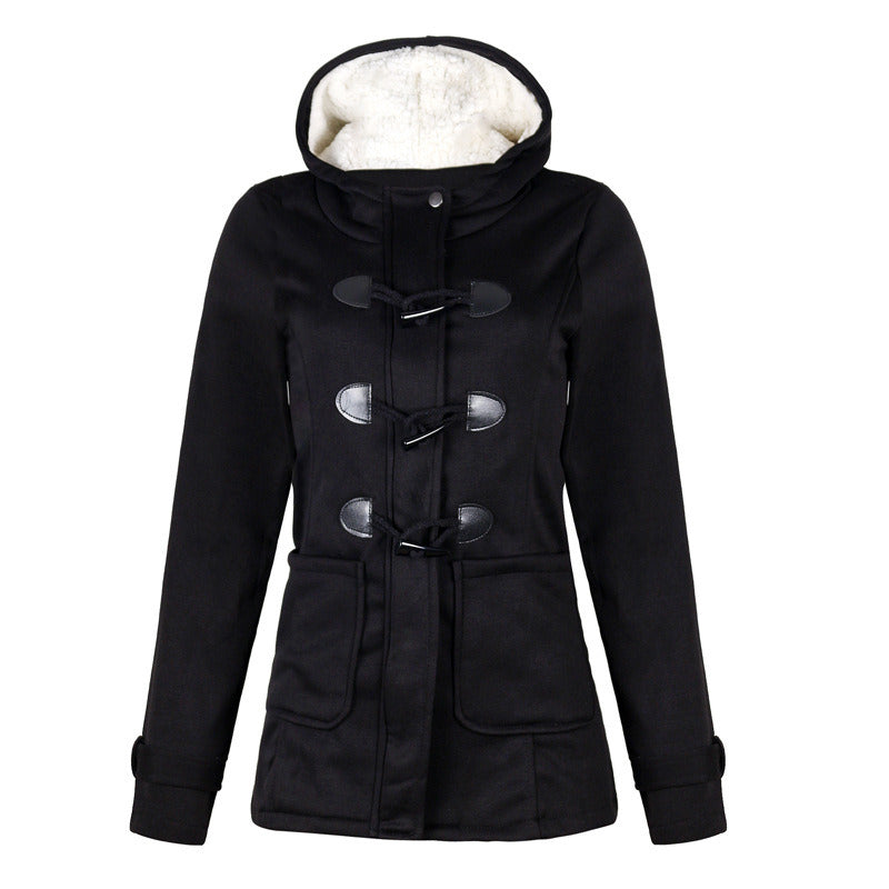 Autumn and Winter New Thicken Large Size Horn Buckle Hooded Woolen Coat Women's Clothing