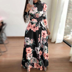 Plus Size Floral Print High Neck Maxi Dress; Women's Plus Medium Stretch Round Neck Long Dress